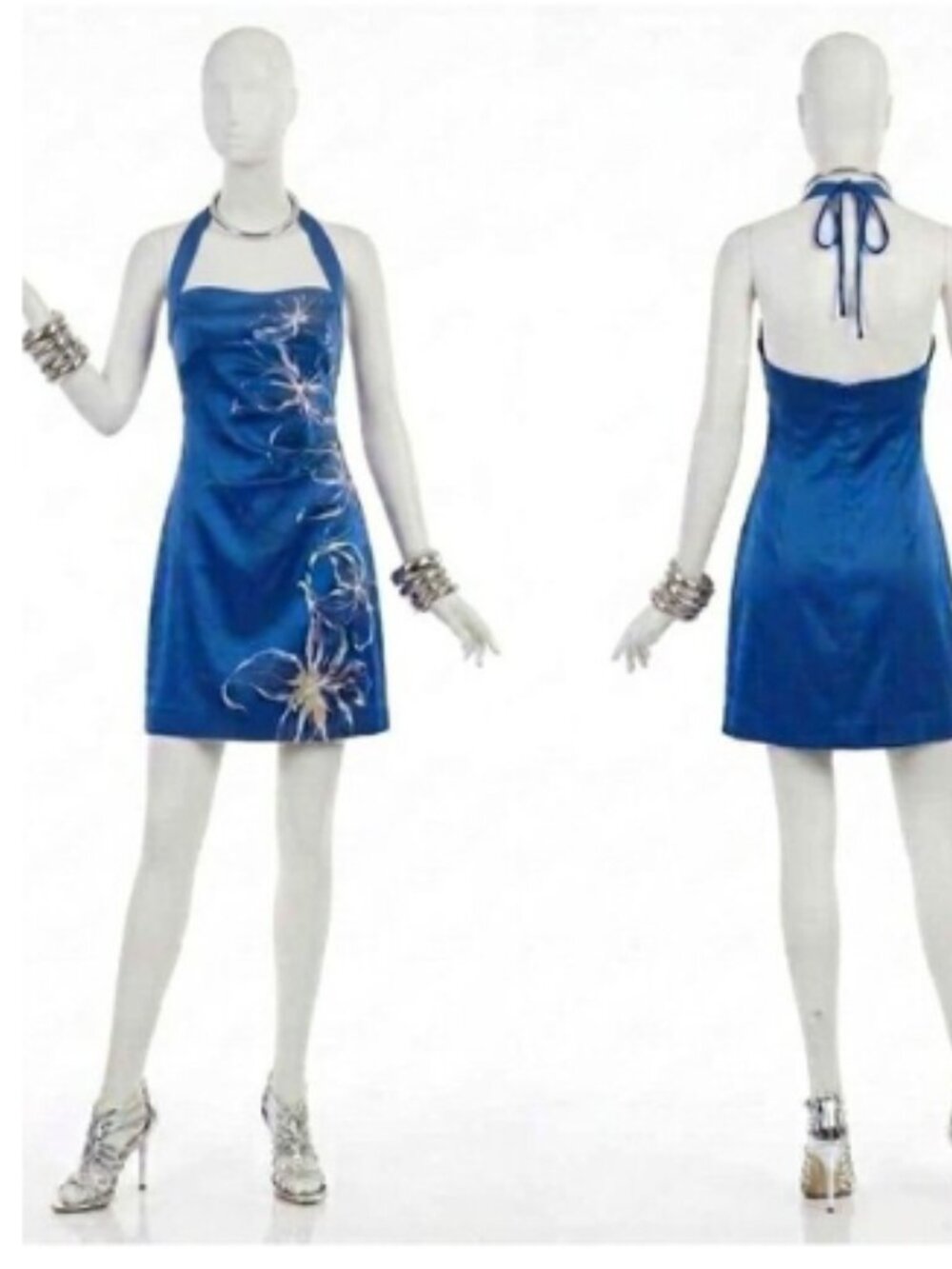 Vintage Cache Y2K Halter Dress 10 M Blue Silver Foil Metallic Zenon Costume 2000